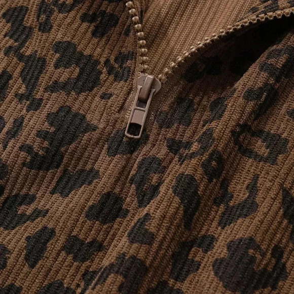 Brown Casual Women's Zip Up Front Long Sleeve Leopard Print Sweatshirt - Picture 6 of 6